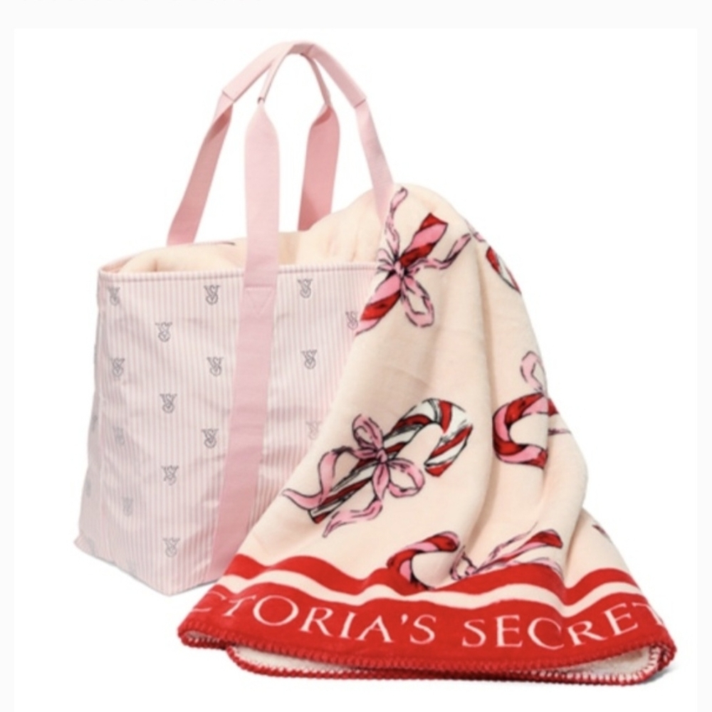 Victoria's Secret Pink Striped Tote and Blanket